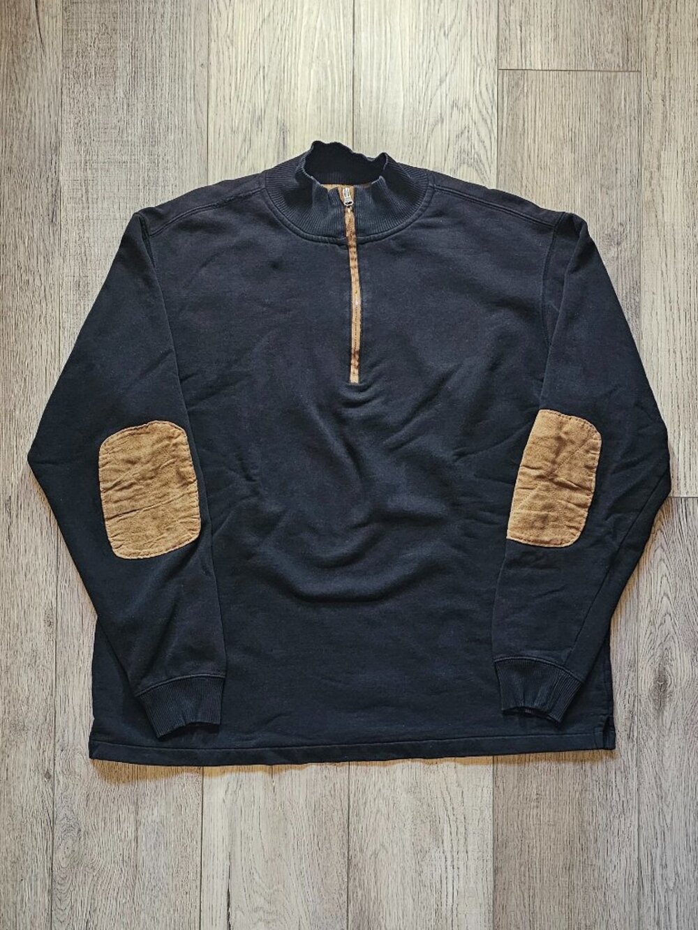 Woolrich Quarter Zip Mens XL Sweatshirt Black Corduroy Elbow Patches Plaid Lined